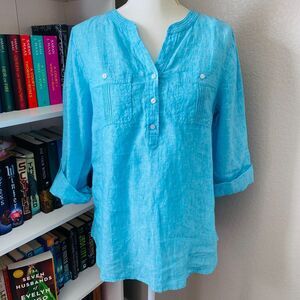 Talbots Turquoise Button‑Front Casual Top 100% Linen Shirt Size Medium